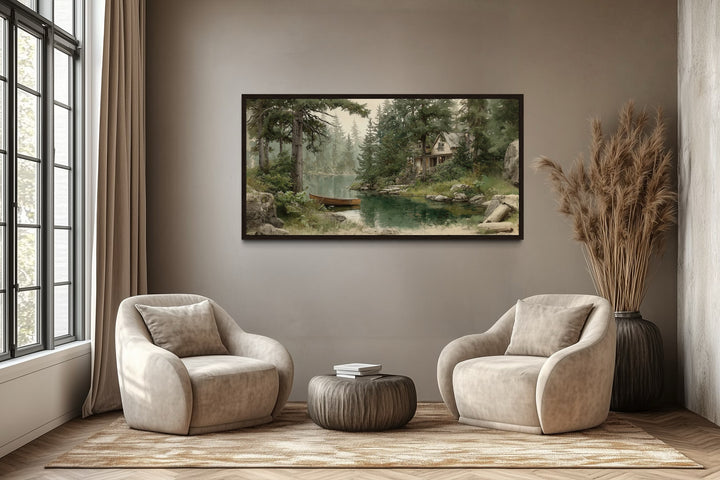 Rustic cabin wall art featuring a framed wooden boat painting above two beige armchairs.