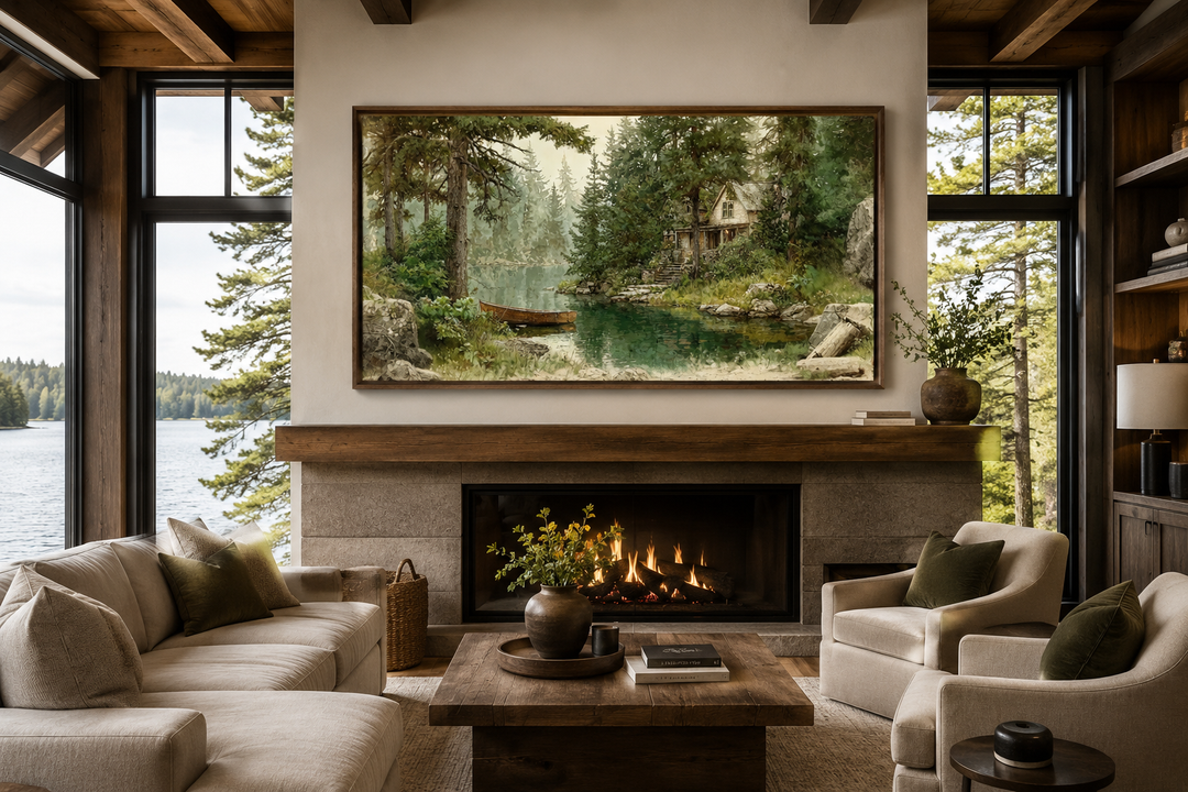Rustic framed painting of a wooden boat on a serene lake, hung above a fireplace in a cozy cabin.