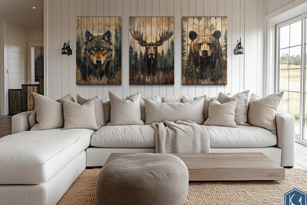 Rustic Cabin Wildlife Decor – Set Of 3 Wolf Moose Bear Distressed Vertical Wood Wall Art Set