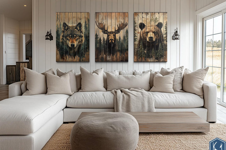 Rustic Cabin Wildlife Decor – Set Of 3 Wolf Moose Bear Distressed Vertical Wood Wall Art Set
