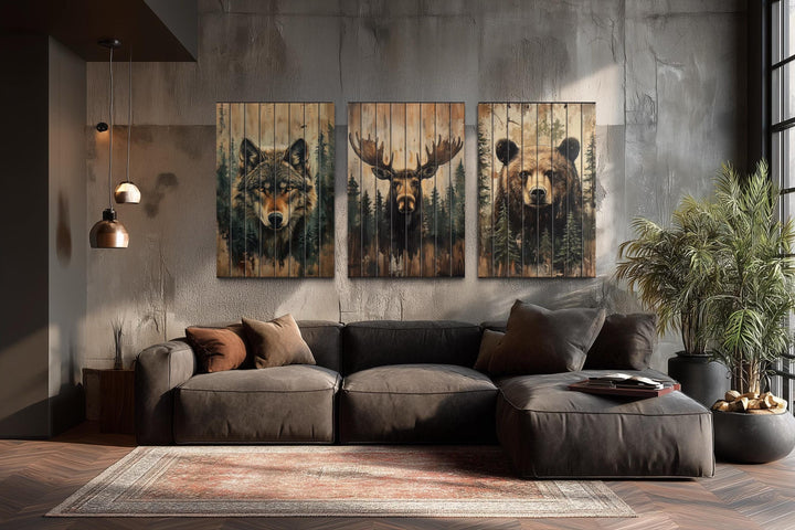 Rustic Cabin Wildlife Decor – Set Of 3 Wolf Moose Bear Distressed Vertical Wood Wall Art Set