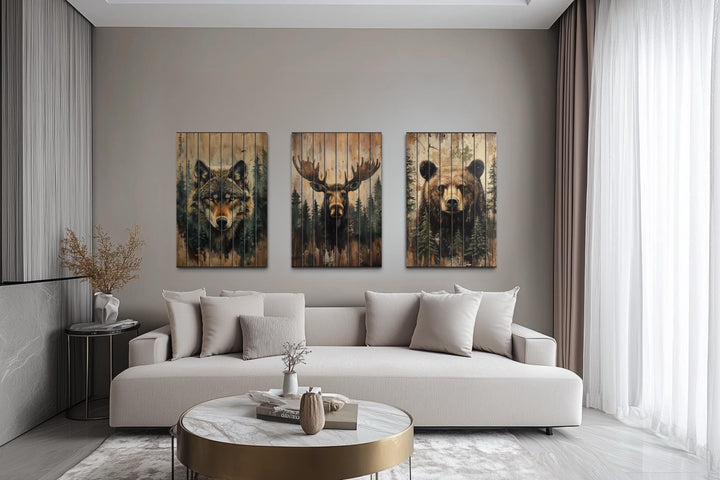 Rustic Cabin Wildlife Decor – Set Of 3 Wolf Moose Bear Distressed Vertical Wood Wall Art Set
