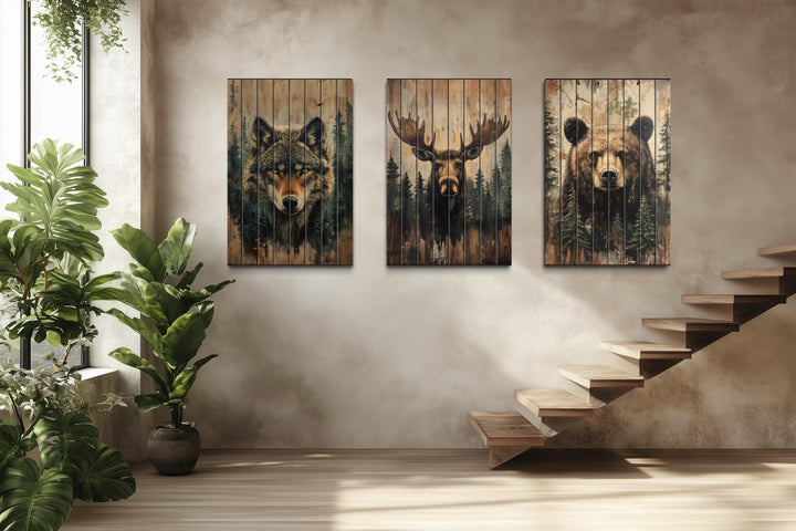 Rustic Cabin Wildlife Decor – Set Of 3 Wolf Moose Bear Distressed Vertical Wood Wall Art Set