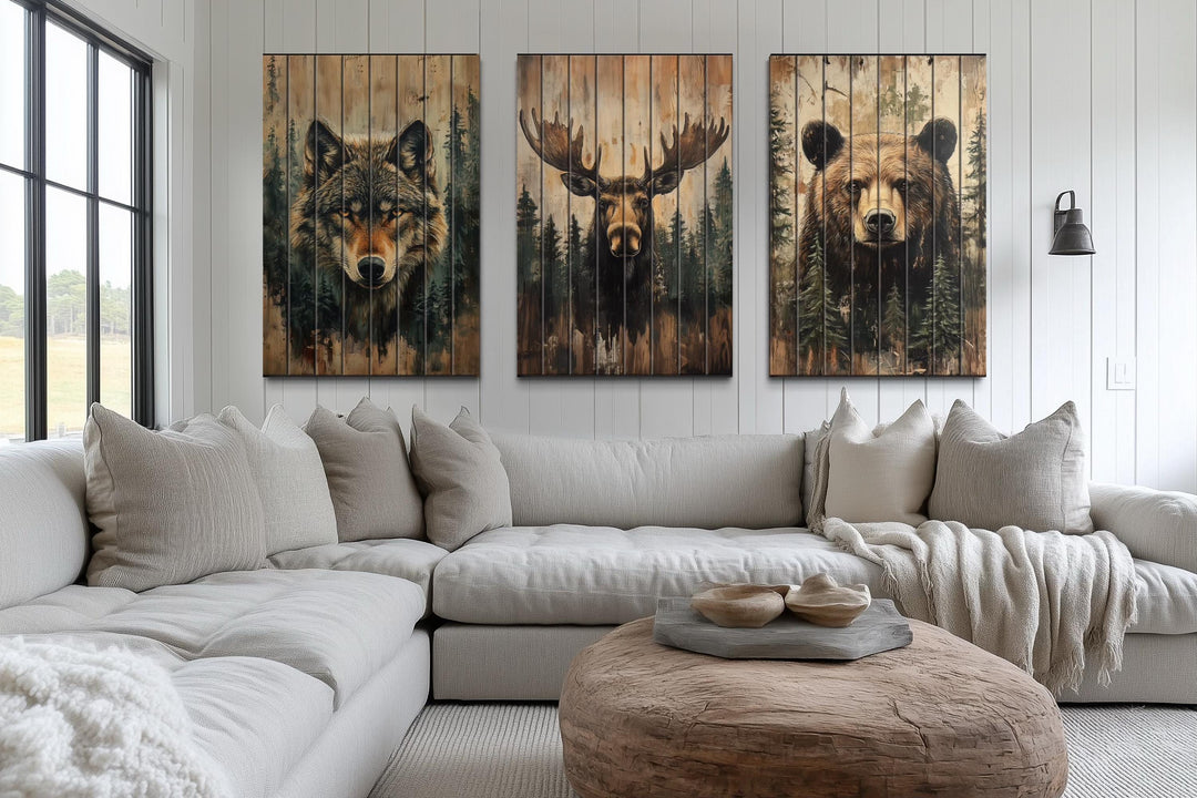 Rustic Cabin Wildlife Decor – Set Of 3 Wolf Moose Bear Distressed Vertical Wood Wall Art Set