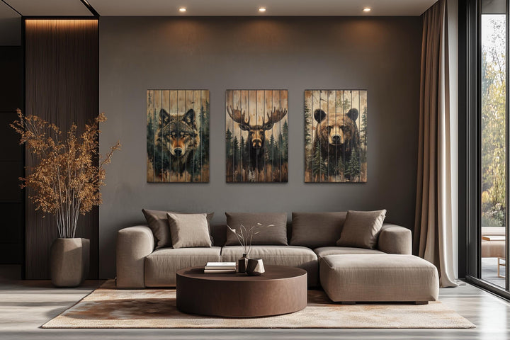 Rustic Cabin Wildlife Decor – Set Of 3 Wolf Moose Bear Distressed Vertical Wood Wall Art Set