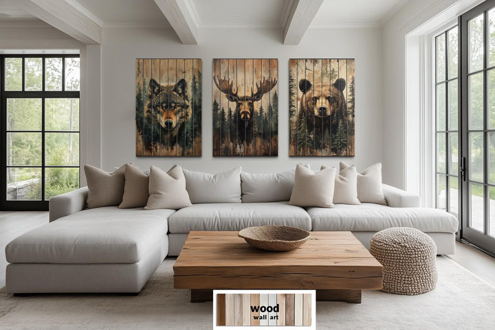 Rustic Cabin Wildlife Decor – Set Of 3 Wolf Moose Bear Distressed Vertical Wood Wall Art Set