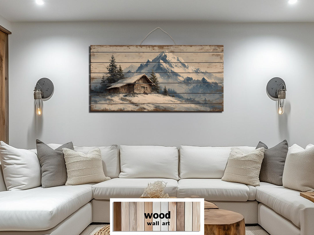 Rustic Cabin Wood Art - Winter Landscape Print on Wood Planks | Cozy Lodge Decor
