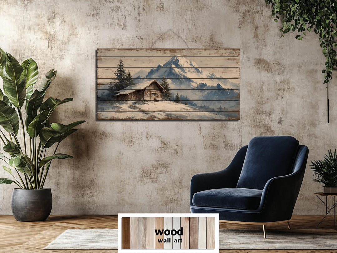 Rustic Cabin Wood Art - Winter Landscape Print on Wood Planks | Cozy Lodge Decor