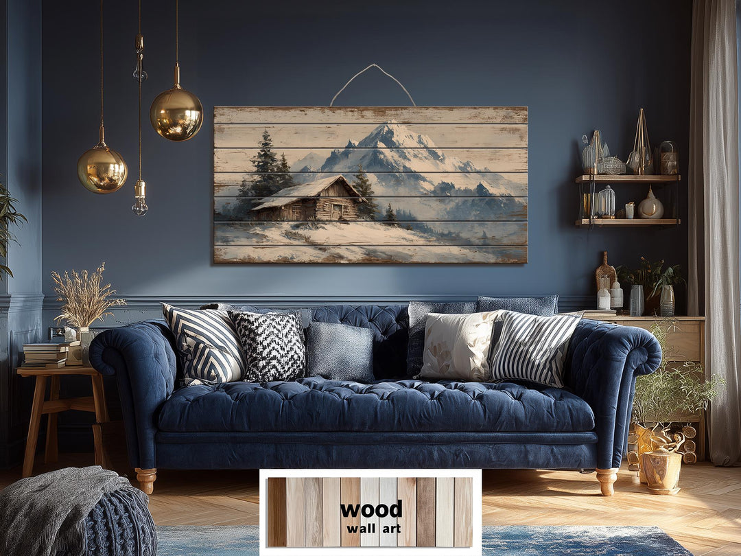 Rustic Cabin Wood Art - Winter Landscape Print on Wood Planks | Cozy Lodge Decor