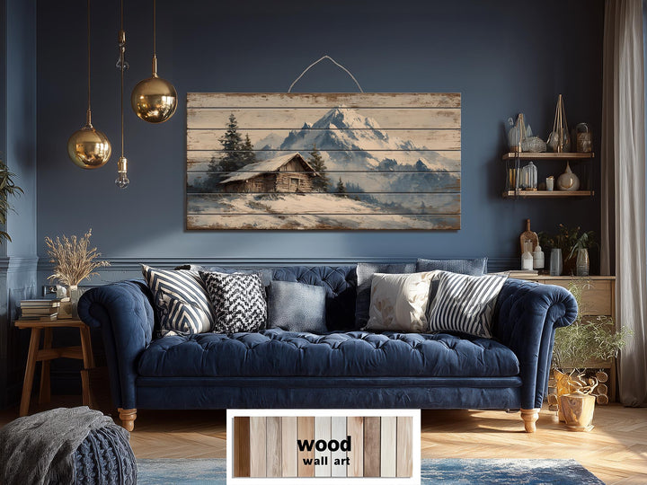 Rustic Cabin Wood Art - Winter Landscape Print on Wood Planks | Cozy Lodge Decor
