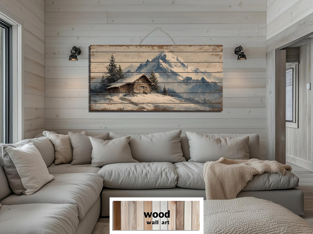 Rustic Cabin Wood Art - Winter Landscape Print on Wood Planks | Cozy Lodge Decor