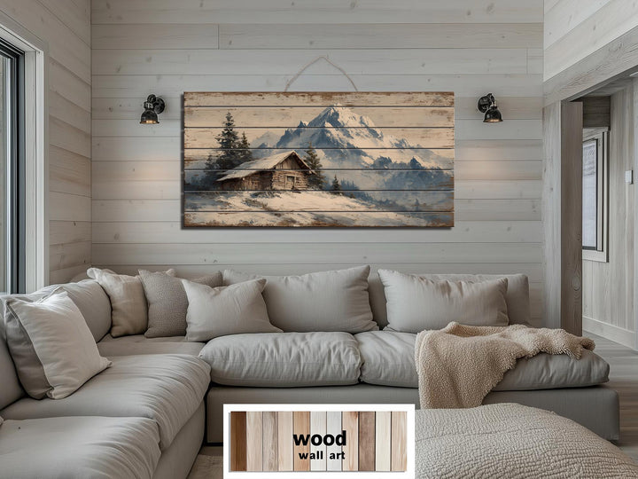 Rustic Cabin Wood Art - Winter Landscape Print on Wood Planks | Cozy Lodge Decor