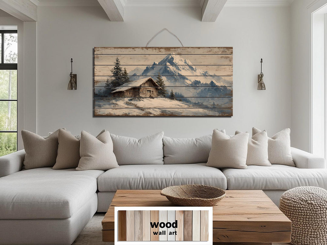 Rustic Cabin Wood Art - Winter Landscape Print on Wood Planks | Cozy Lodge Decor