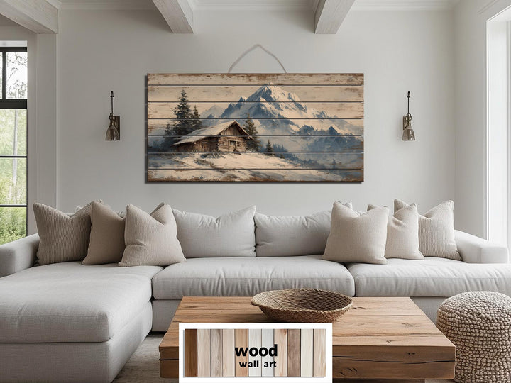 Rustic Cabin Wood Art - Winter Landscape Print on Wood Planks | Cozy Lodge Decor
