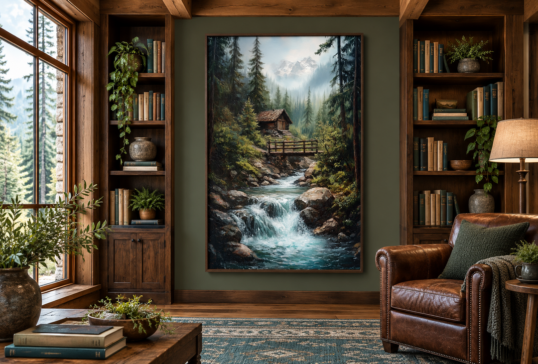Rustic cabin in the woods with waterfall canvas wall art in a vertical walnut frame.