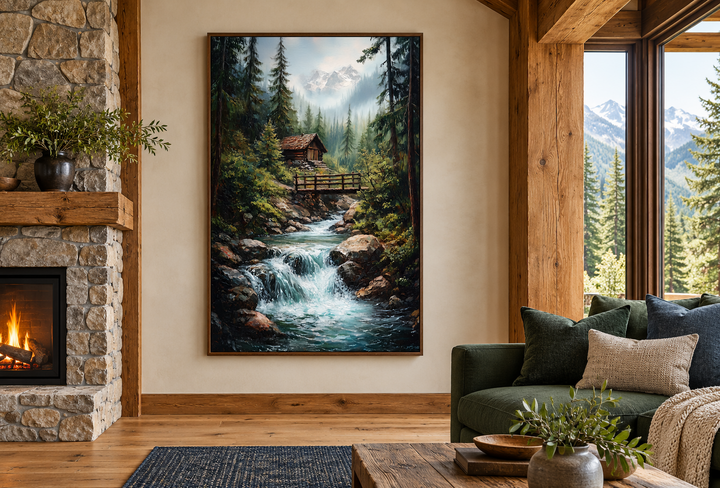 Vertical canvas wall art of a rustic cabin by a waterfall in a forest, framed in a cozy living room.