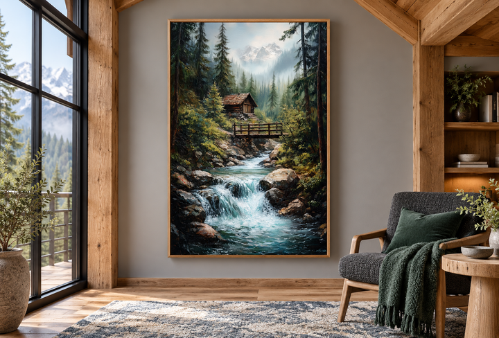 Rustic cabin in the woods canvas wall art with a waterfall and mountains in a wooden frame.
