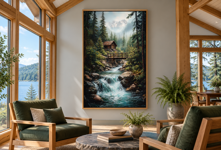 Rustic cabin in the woods canvas wall art with a waterfall, framed in a bright sunroom.
