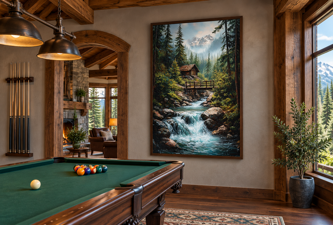 Rustic cabin in the woods with waterfall canvas wall art in a walnut frame above a pool table.