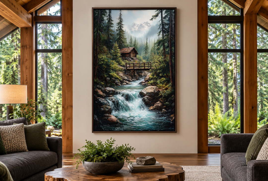 Rustic cabin in the woods with waterfall canvas wall art in a walnut frame above a wooden table.