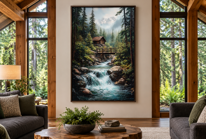 Rustic cabin in the woods with waterfall canvas wall art in a walnut frame above a wooden table.