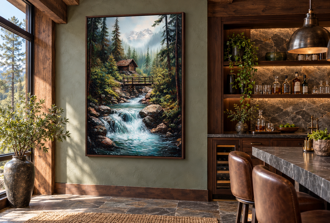 Rustic cabin in the woods with waterfall canvas wall art in a dark wood frame on a green wall.