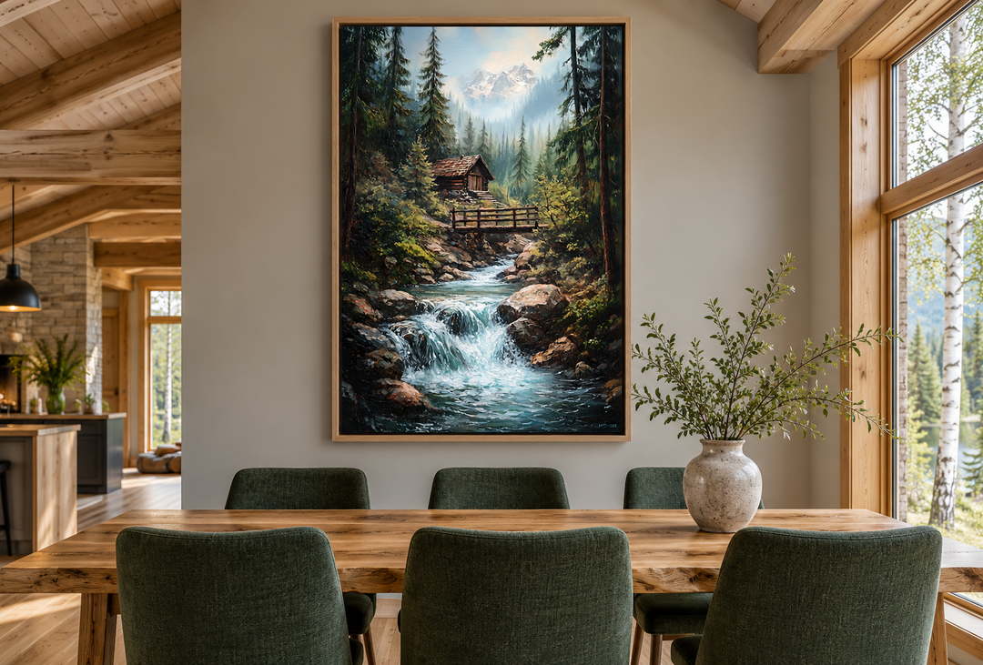 Rustic cabin in the woods with waterfall canvas wall art in a wooden frame above a dining table.