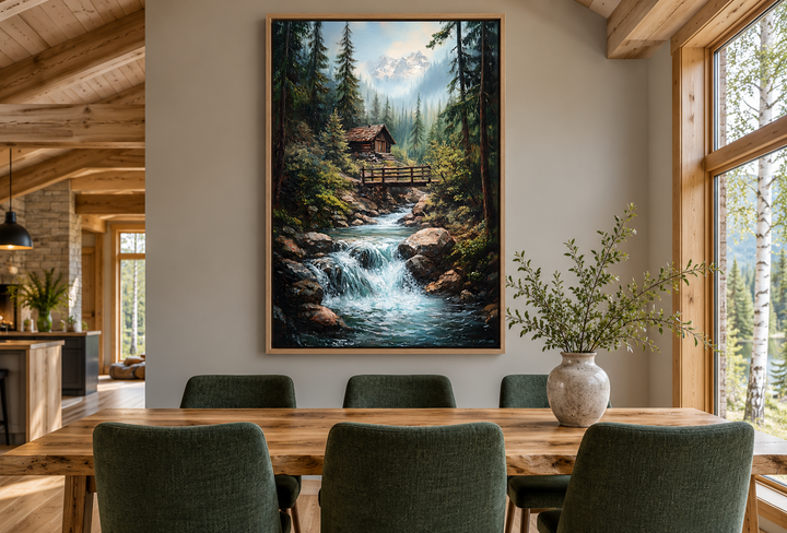 Rustic cabin in the woods with waterfall canvas wall art in a wooden frame above a dining table.