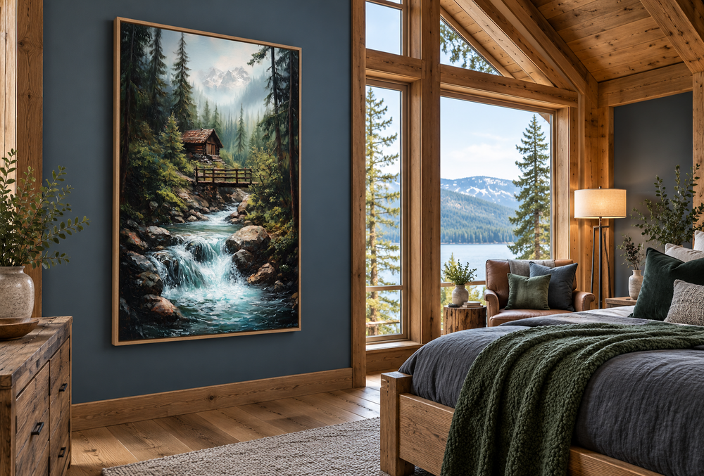 Rustic cabin in the woods with waterfall canvas wall art in a wooden frame on a dark blue wall.