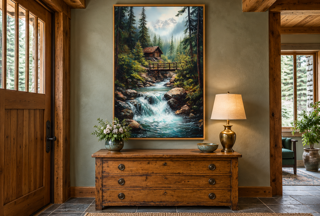 Rustic cabin in the woods with waterfall canvas wall art in a vertical gold frame over a dresser.