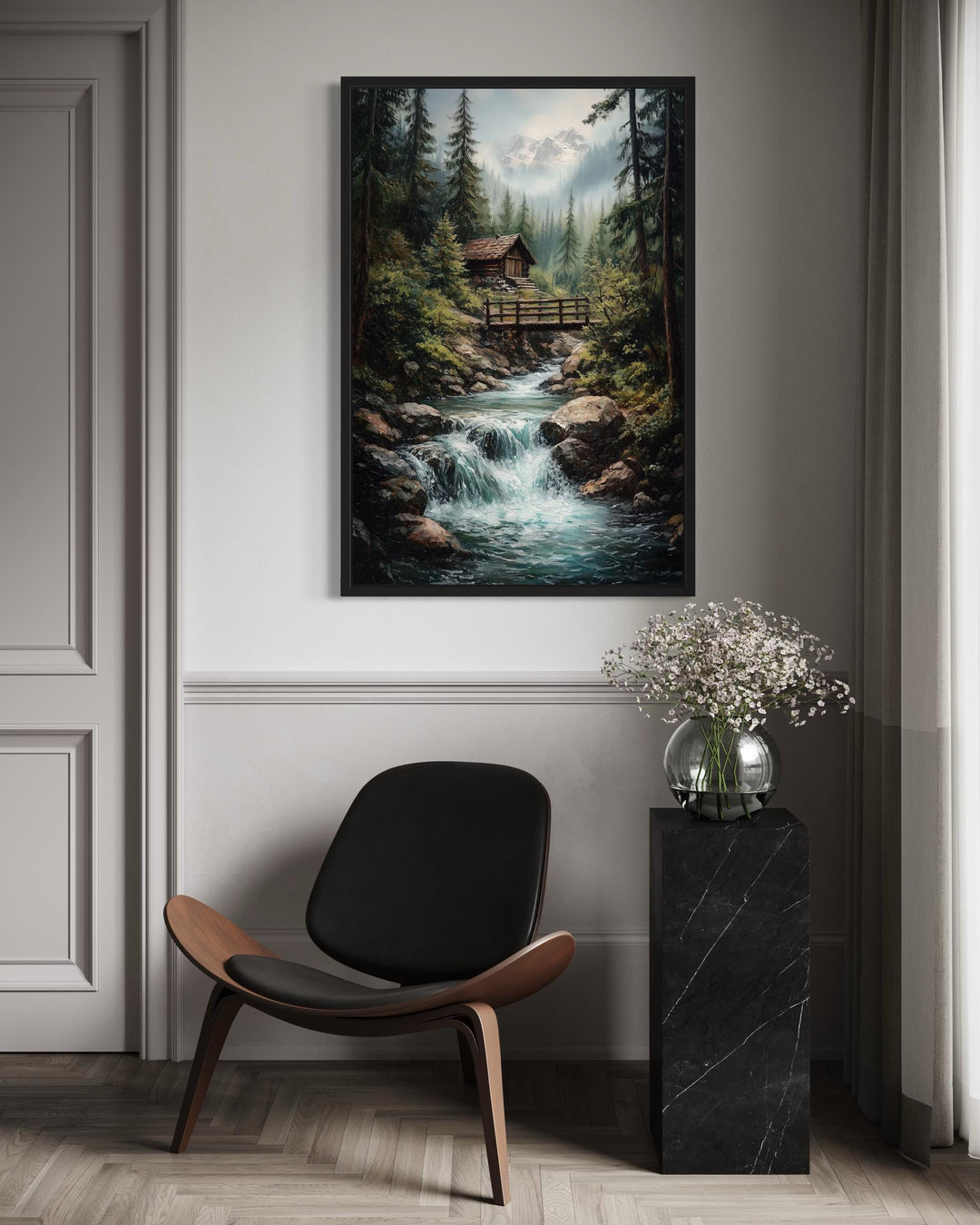 Rustic Cabin in The Woods With Waterfall Canvas Wall Art