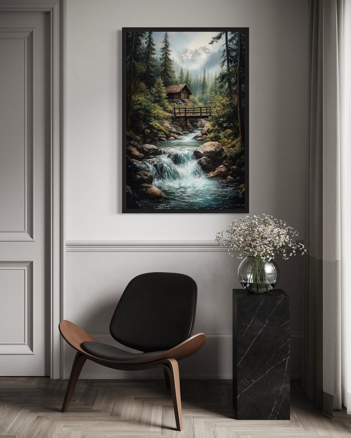 Rustic Cabin in The Woods With Waterfall Canvas Wall Art