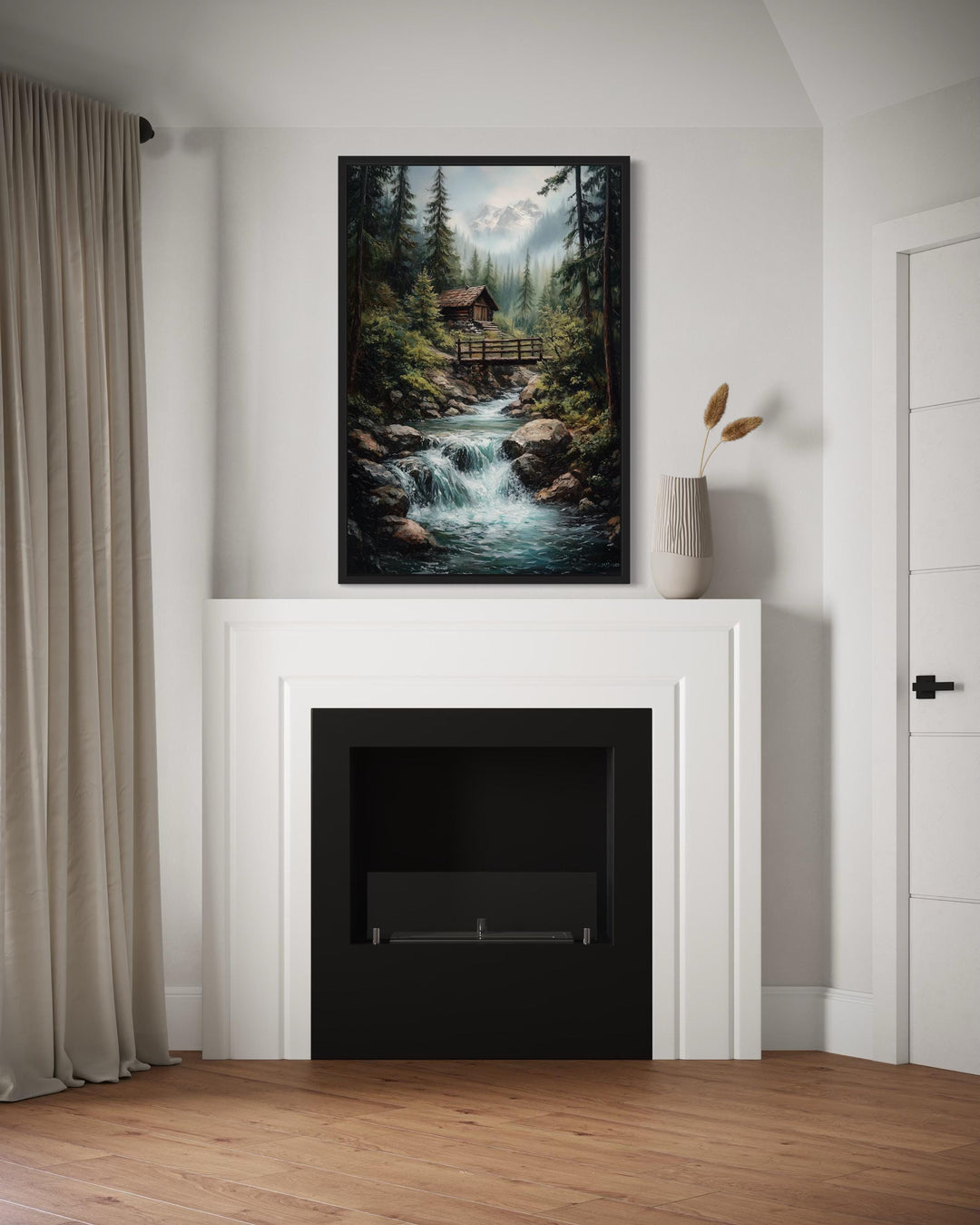 Rustic Cabin in The Woods With Waterfall Canvas Wall Art