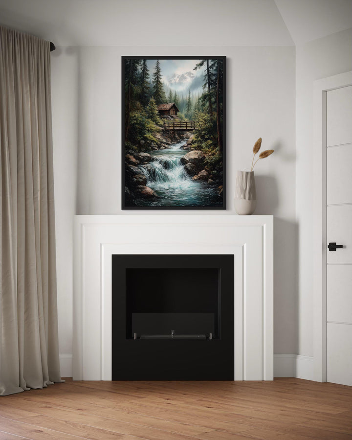 Rustic Cabin in The Woods With Waterfall Canvas Wall Art