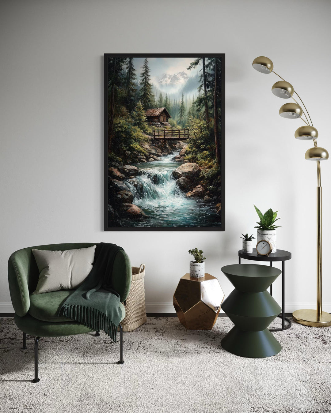 Rustic Cabin in The Woods With Waterfall Canvas Wall Art