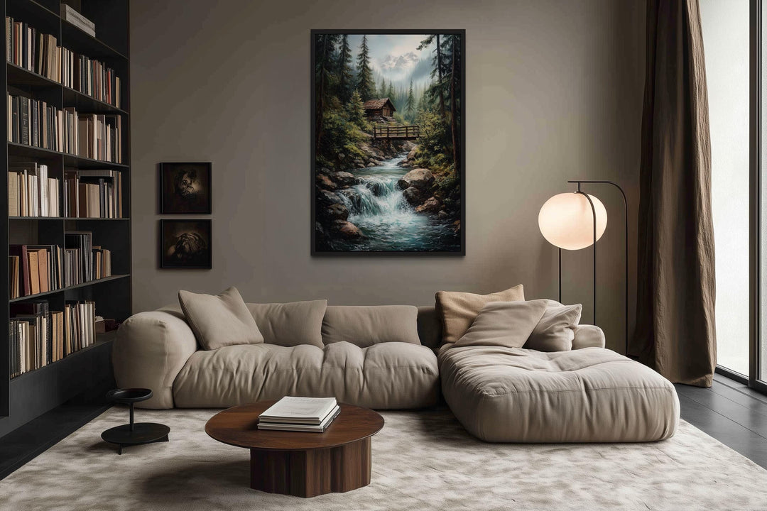 Rustic Cabin in The Woods With Waterfall Canvas Wall Art