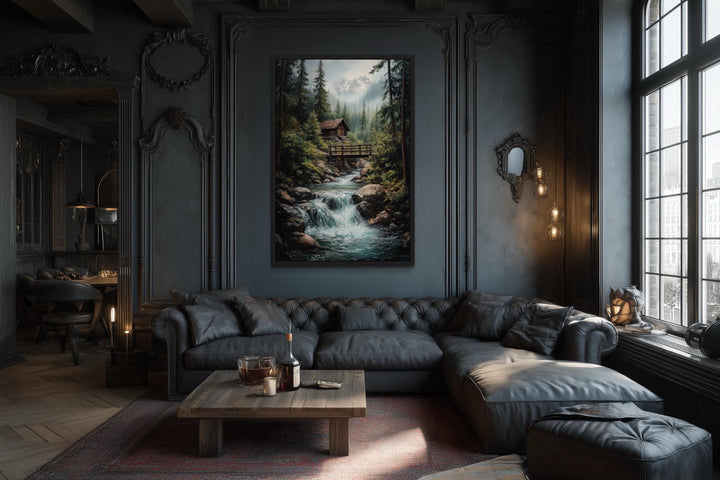 Rustic Cabin in The Woods With Waterfall Canvas Wall Art