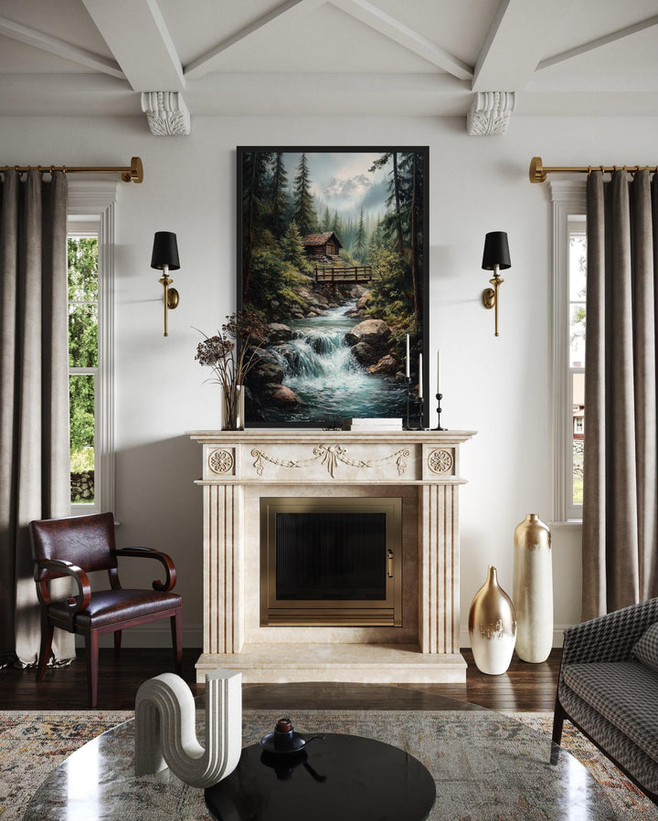 Rustic Cabin in The Woods With Waterfall Canvas Wall Art