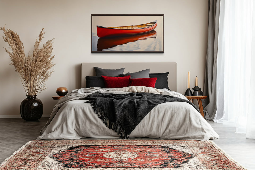 Rustic Canoe Wall Art – Framed Canvas Red Canoe Cabin Wall Decor