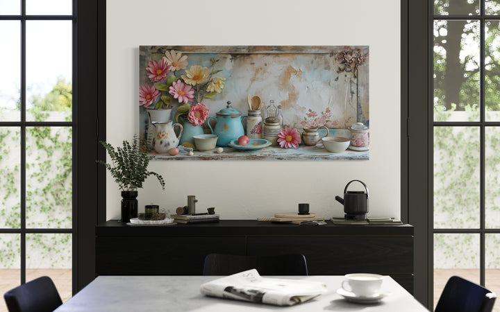 Rustic Chic Kitchenware Farmhouse Kitchen Framed Canvas Wall Art above a black sideboard.
