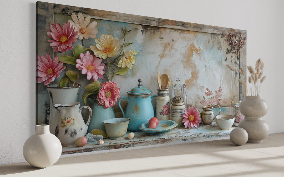 Rustic chic kitchenware farmhouse kitchen framed canvas wall art with pastel flowers and cookware.