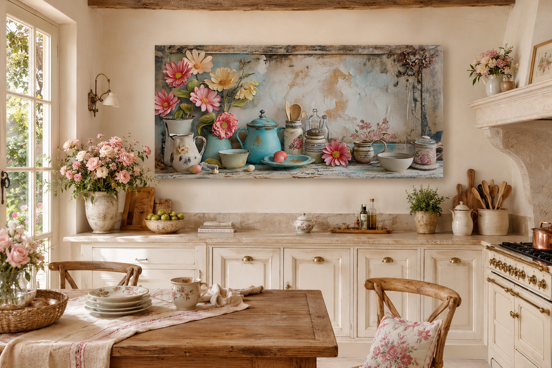 Rustic chic kitchenware framed canvas wall art featuring flowers and pastel cookware in a kitchen.