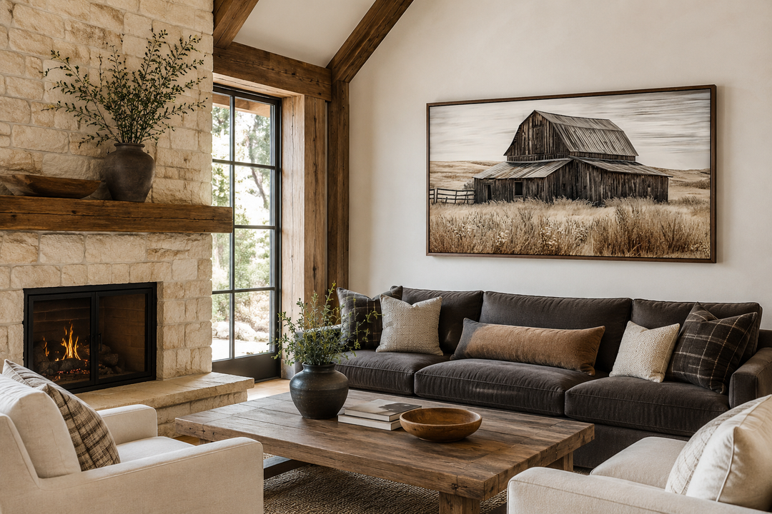 Rustic chic old farm barn painting on wood framed canvas wall art in a cozy living room.