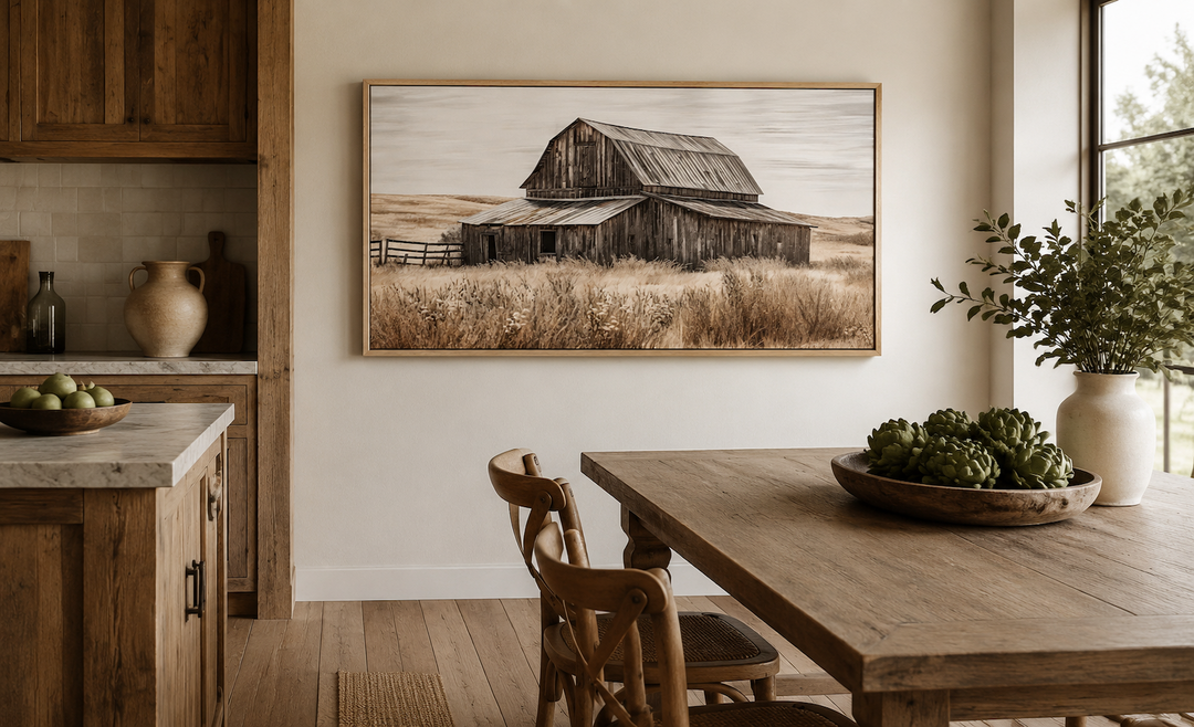 Rustic chic old farm barn painting on wood framed canvas wall art in a neutral dining room.