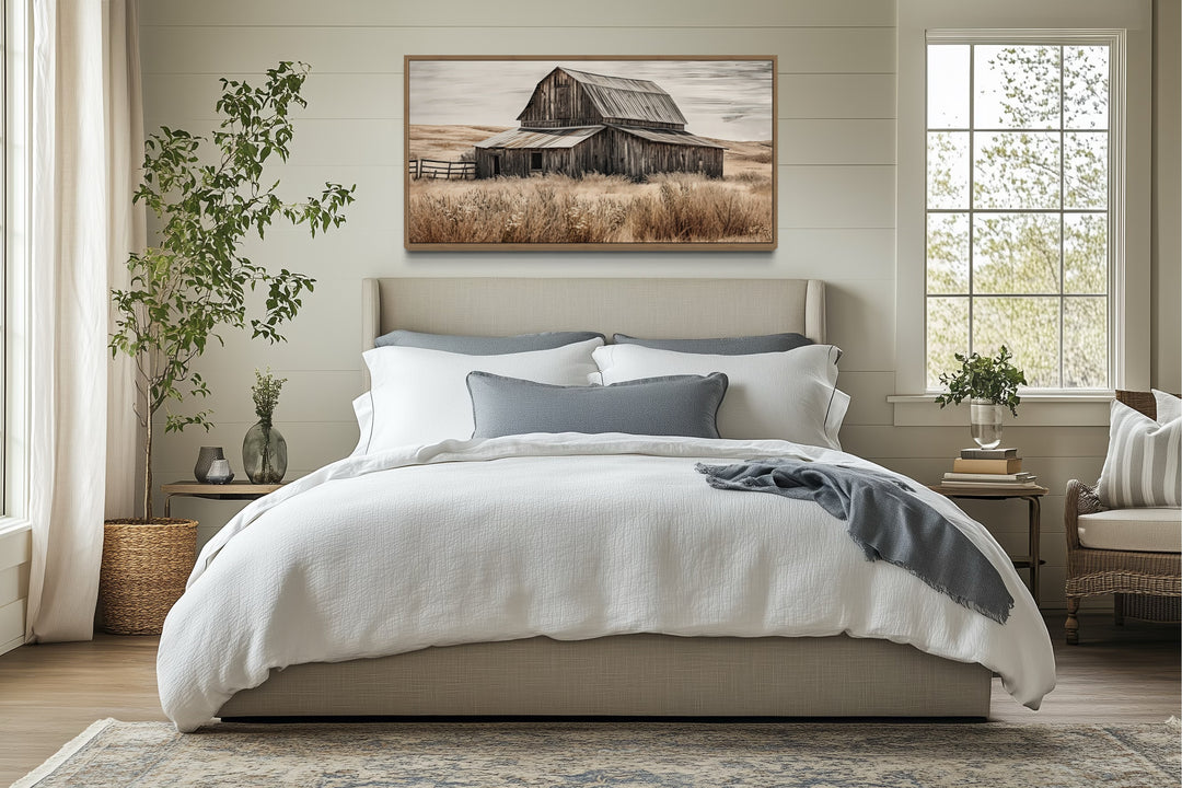 Rustic Chic Old Farm Barn Painting On Wood Framed Canvas Wall Art