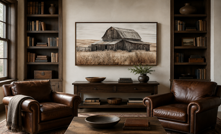 Rustic chic old farm barn painting on wood framed canvas wall art in a cozy living room setting.