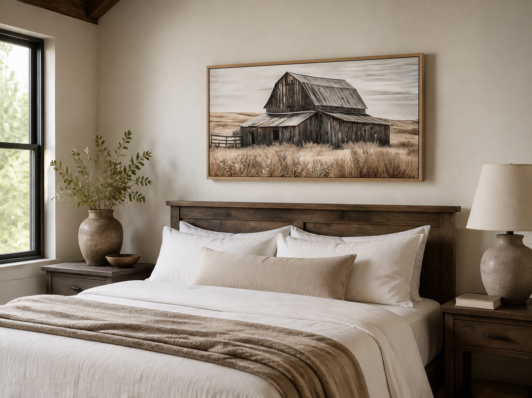 Rustic chic old farm barn painting on wood framed canvas wall art hanging above a bed.