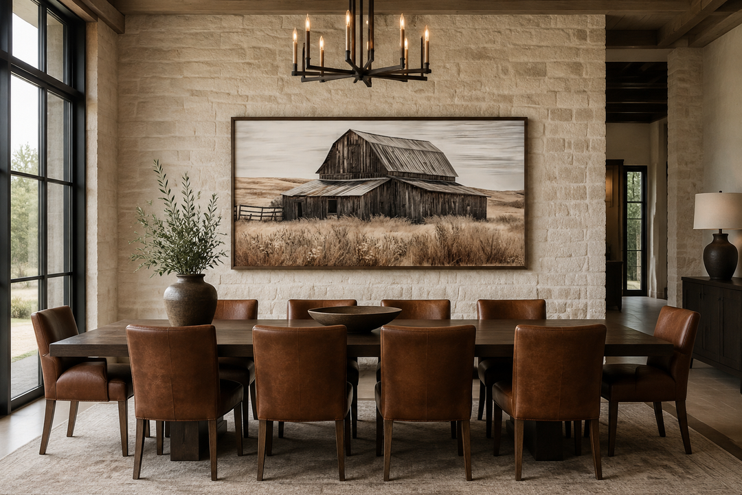 Rustic chic old farm barn painting on wood framed canvas wall art in a modern dining room.
