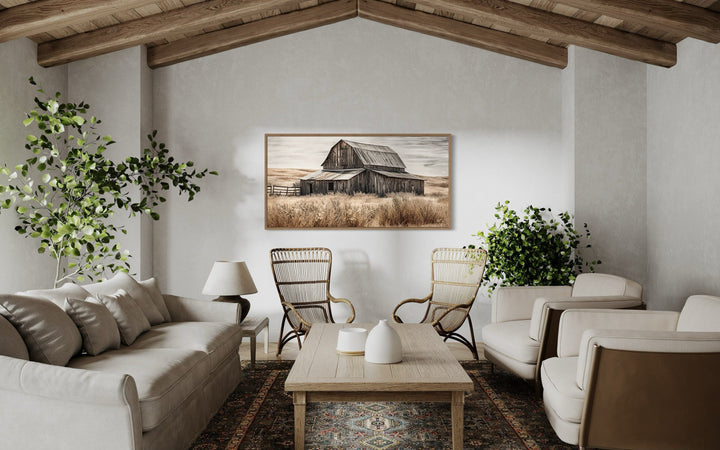 Rustic Chic Old Farm Barn Painting On Wood Framed Canvas Wall Art