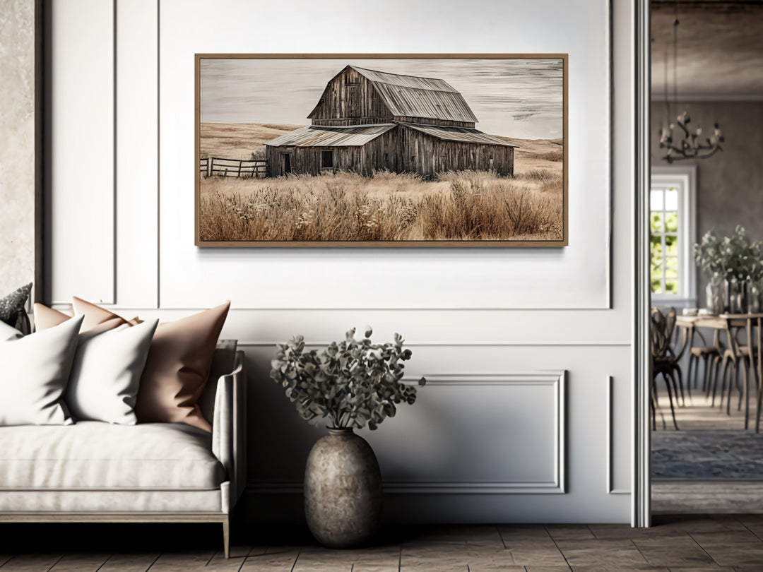 Rustic Chic Old Farm Barn Painting On Wood Framed Canvas Wall Art